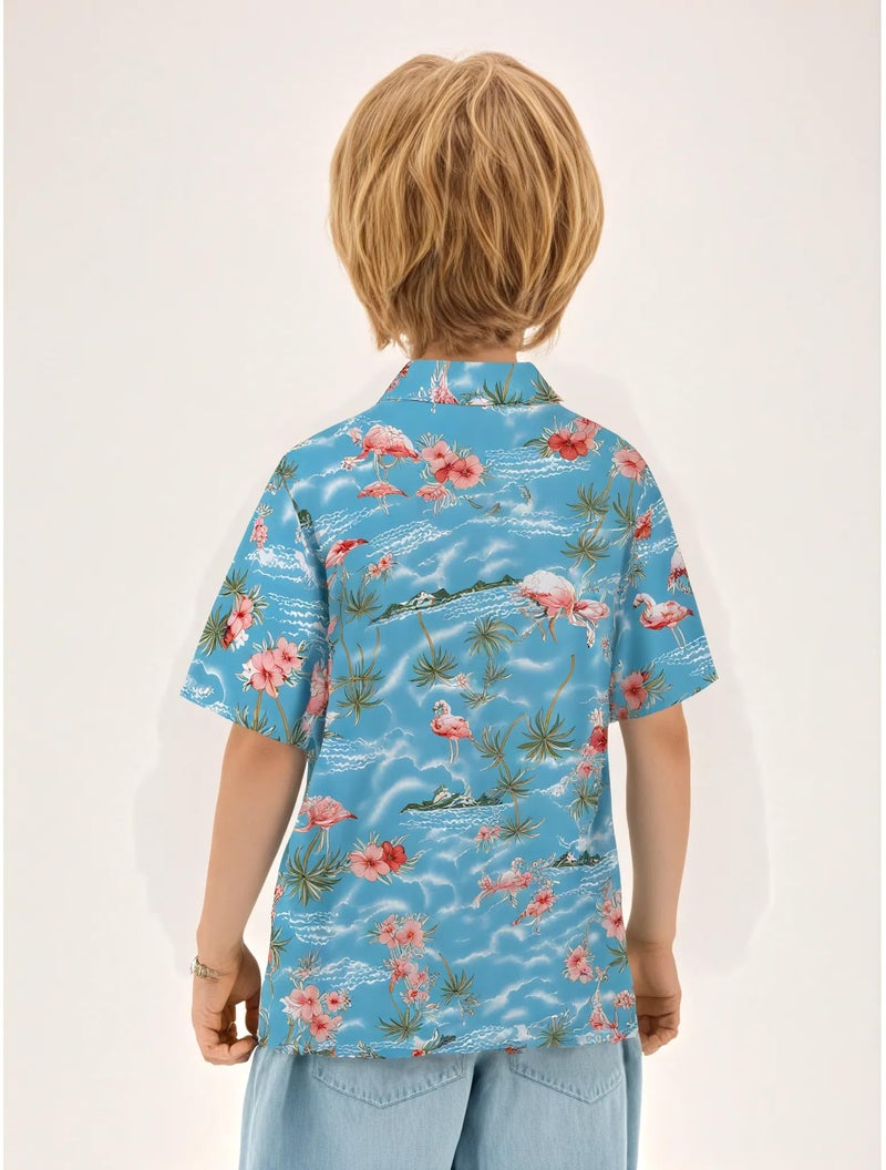 SSLR Big Boys Hawaiian Shirt Flamingos Button Down Shirt Short Sleeve Luau Shirt for Kids (X-Large, Blue) - Image 2
